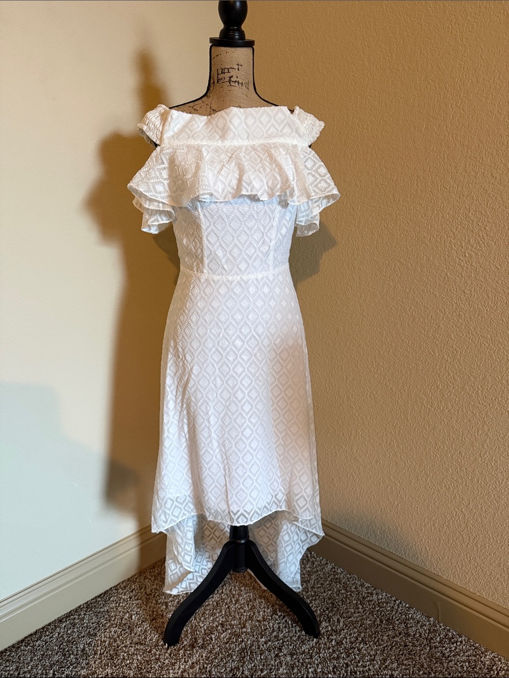 bebe White Off-Shoulder Ruffle High-Low Midi Dress